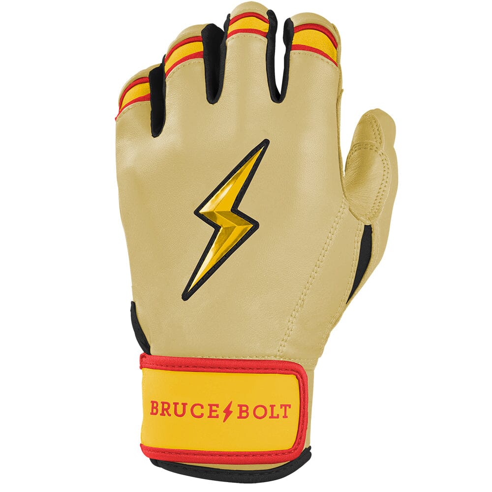 Ivory short cuff batting glove with a gold lightning bolt logo and red and yellow wrist strap