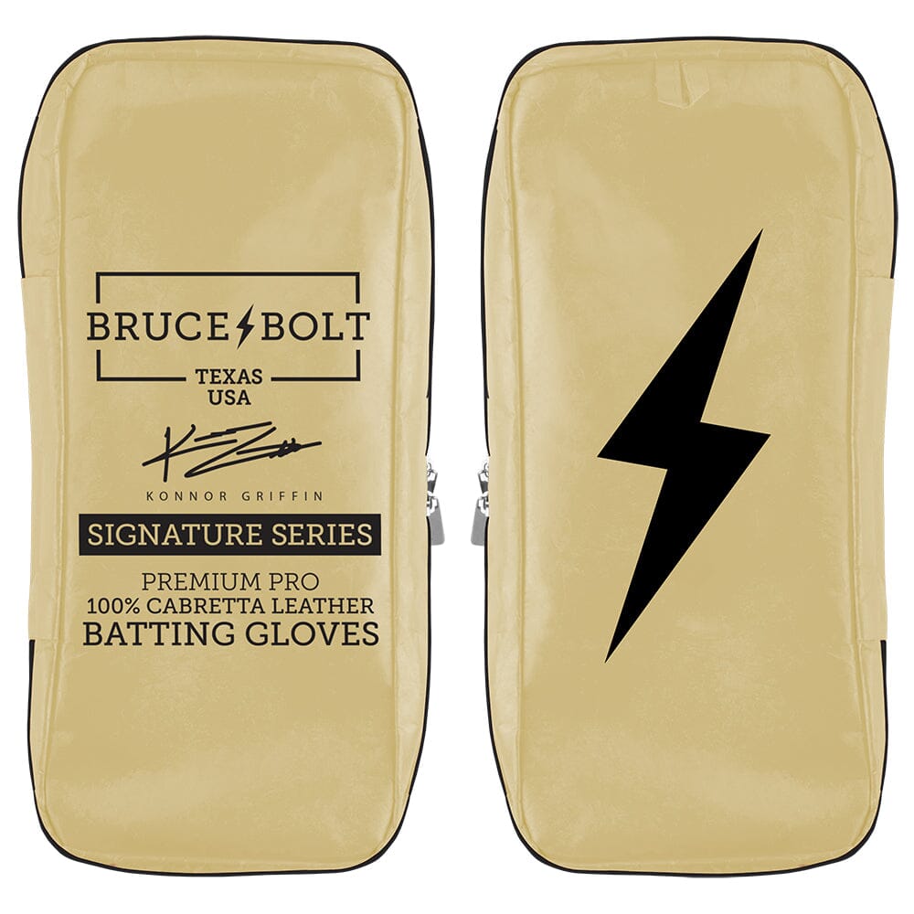Two ivory Bruce Bolt batting glove packaging pouches featuring black branding text and a lightning bolt logo.