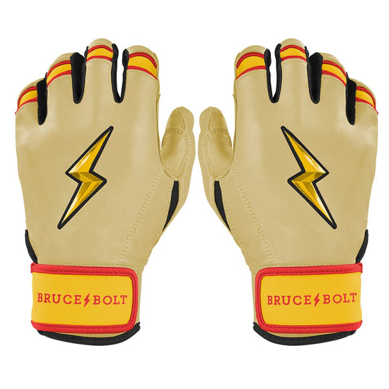 Ivory batting gloves with gold lightning bolt logos and red wrist cuffs featuring Bruce Bolt branding.