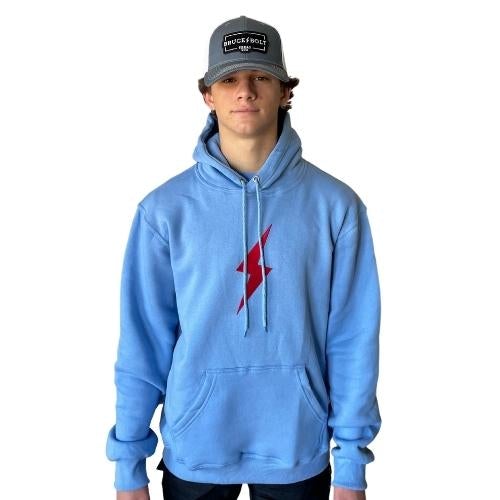 BRUCE BOLT Baby Blue Cotton Hoodies are easily the most comfortable 80/20 cotton poly blend hoodies with red BOLT in our line up. 