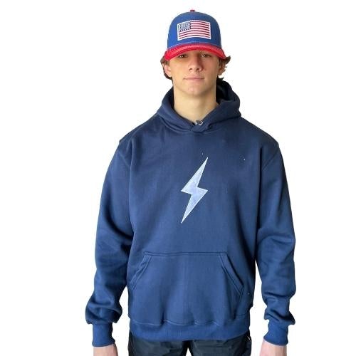 BRUCE BOLT Navy Cotton Hoodies with White Bolt are easily the most comfortable 80/20 cotton poly blend hoodies with white BOLT in our line up.