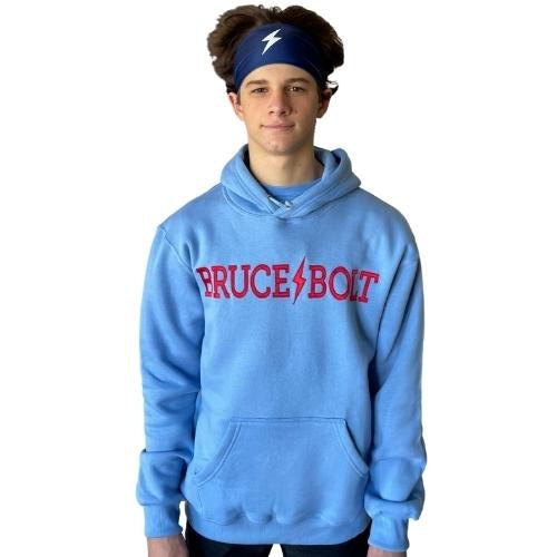 BRUCE BOLT Baby Blue Cotton Hoodies with red BRUCE BOLT  are easily the most comfortable 80/20 cotton poly blend hoodies with red BRUCE BOLT in our line up.