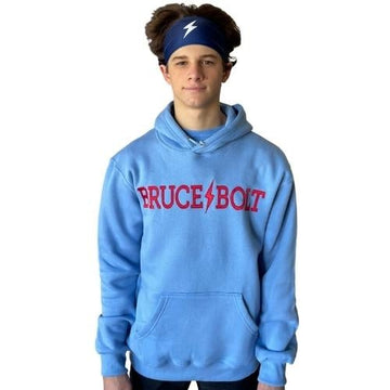 BRUCE BOLT Baby Blue Cotton Hoodies with red BRUCE BOLT  are easily the most comfortable 80/20 cotton poly blend hoodies with red BRUCE BOLT in our line up.