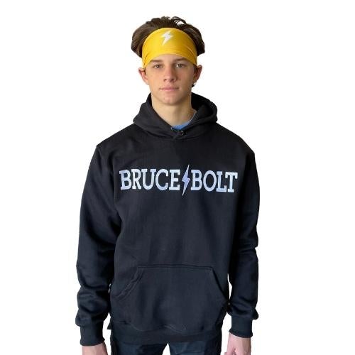 BRUCE BOLT Black Cotton Hoodies with white BRUCE BOLT  are easily the most comfortable 80/20 cotton poly blend hoodies with white BRUCE BOLT in our line up.