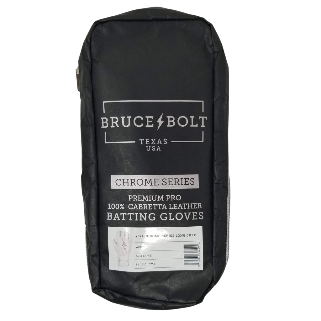 BRUCE BOLT 2021 CHROME SERIES Black GLOVE BAG. This is a batting glove bag made specifically for carrying BRUCE BOLT CHROME Series batting gloves.  The glove is black with silver text and a silver lightning bolt.  This bag has BRUCE BOLT Stickers and a Helmet Sticker inside. 