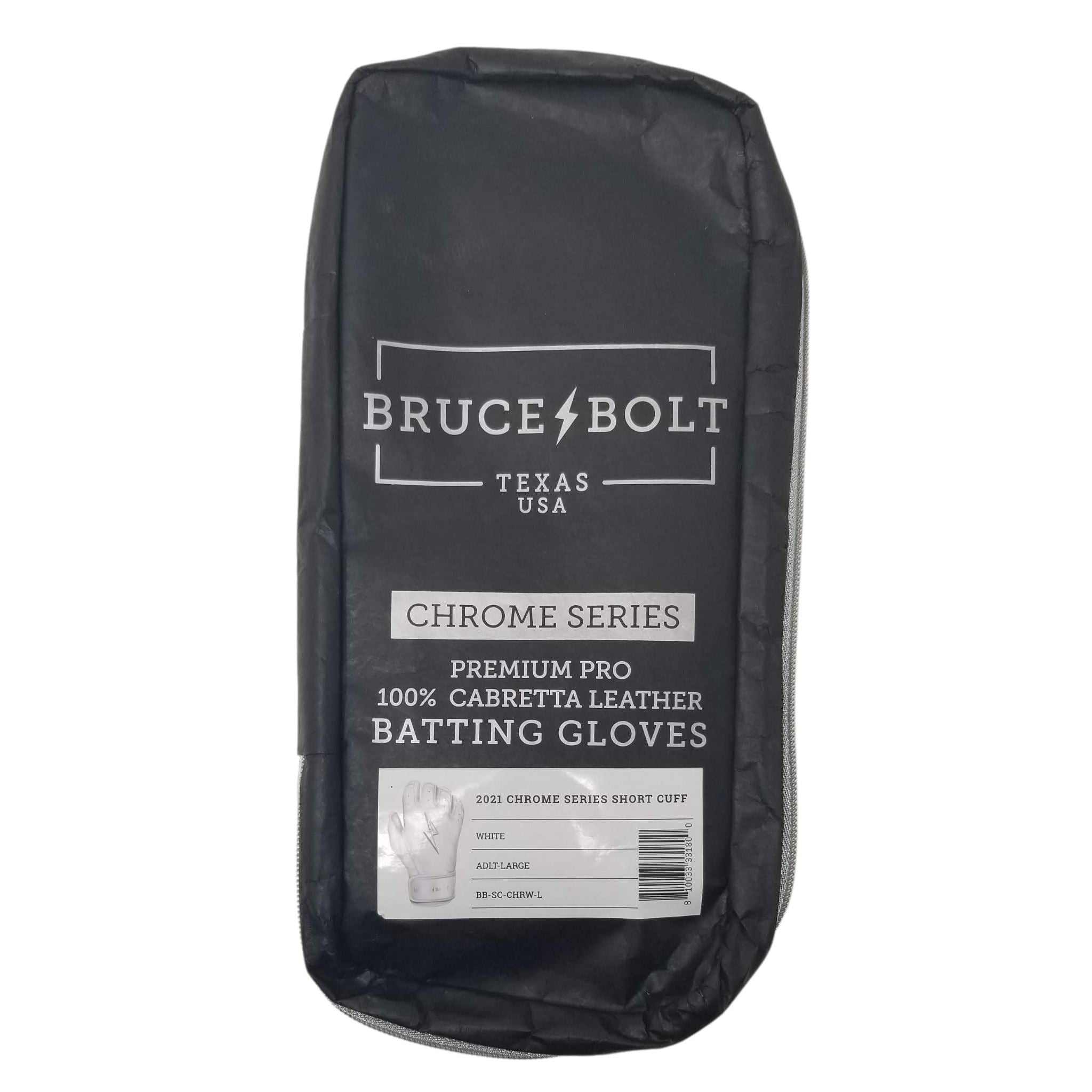 BRUCE BOLT 2021 CHROME SERIES Black Short Cuff GLOVE BAG. This is a batting glove bag made specifically for carrying BRUCE BOLT CHROME Series batting gloves.  The glove is black with silver text and a silver lightning bolt.  This bag has BRUCE BOLT Stickers and a Helmet Sticker inside. 