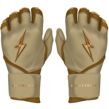 Best Baseball Batting Gloves. BRUCE BOLT PREMIUM PRO Gold Batting Gloves with GOLD PALM used by MLB players like Stephen Brault, Harrison Bader, Lewis Brinson, Andy Young, Brandon Nimmo, Brian O’Grady, Alan Trejo, Nick Heath, Trey Hillman and Tanner Carson Raised_In_Baseball.  They are Cabretta leather batting gloves. Batting gloves with the BOLT on them. These are the batting gloves that were featured in the My Hustle video on YouTube about Bear Mayer and BRUCE BOLT.