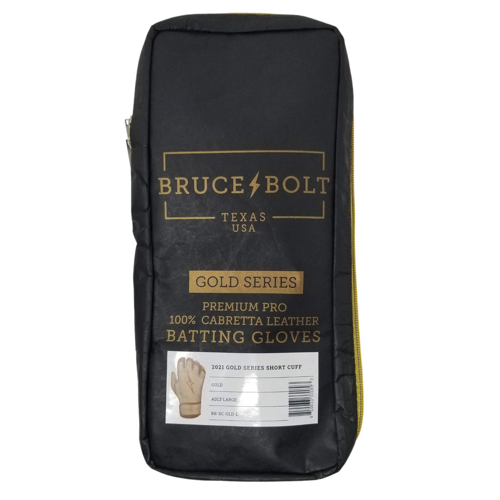 BRUCE BOLT 2021 GOLD SERIES GLOVE BAG. This is a batting glove bag made specifically for carrying BRUCE BOLT GOLD Series batting gloves.  The glove is black with gold text and a gold lightning bolt.  This bag has BRUCE BOLT Stickers and a Helmet Sticker inside. 