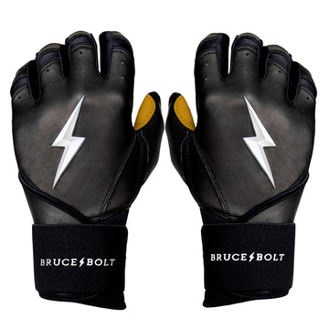 Best Baseball Batting Gloves. BRUCE BOLT Premium Pro BLACK Batting Gloves with GOLD PALM used by MLB players like Stephen Brault, Harrison Bader, Lewis Brinson, Andy Young, Brandon Nimmo, Brian O’Grady, Alan Trejo, Nick Heath, Trey Hillman and Tanner Carson Raised_In_Baseball.  They are Cabretta leather batting gloves. Batting gloves with the BOLT on them. These are the batting gloves that were featured in the My Hustle video on YouTube about Bear Mayer and BRUCE BOLT.