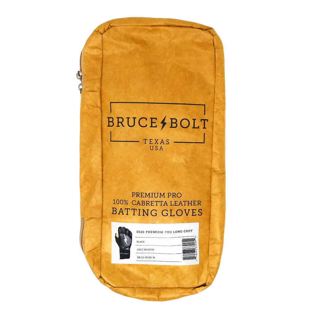 BRUCE BOLT 2021 PREMIUM PRO GLOVE BAG for Hunter Green BRUCE BOLT Long Cuff Batting Gloves. This is a batting glove bag made specifically for carrying BRUCE BOLT batting gloves.  The glove is kraft or tan color with black text and a black lightning bolt.  This bag has BRUCE BOLT Stickers and a Helmet Sticker inside. 