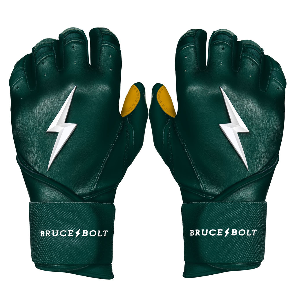 Best Baseball Batting Gloves. BRUCE BOLT Premium Pro GREEN Batting Gloves with GOLD PALM used by MLB players like Stephen Brault, Harrison Bader, Lewis Brinson, Andy Young, Brandon Nimmo, Brian O’Grady, Alan Trejo, Nick Heath, Trey Hillman and Tanner Carson Raised_In_Baseball.  They are Cabretta leather batting gloves. Batting gloves with the BOLT on them. These are the batting gloves that were featured in the My Hustle video on YouTube about Bear Mayer and BRUCE BOLT.
