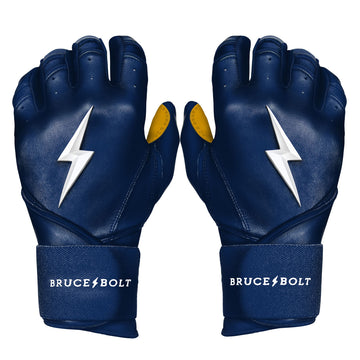Best Baseball Batting Gloves. BRUCE BOLT Premium Pro NAVY Batting Gloves with GOLD PALM used by MLB players like Stephen Brault, Harrison Bader, Lewis Brinson, Andy Young, Brandon Nimmo, Brian O’Grady, Alan Trejo, Nick Heath, Trey Hillman and Tanner Carson Raised_In_Baseball.  They are Cabretta leather batting gloves. Batting gloves with the BOLT on them. These are the batting gloves that were featured in the My Hustle video on YouTube about Bear Mayer and BRUCE BOLT.