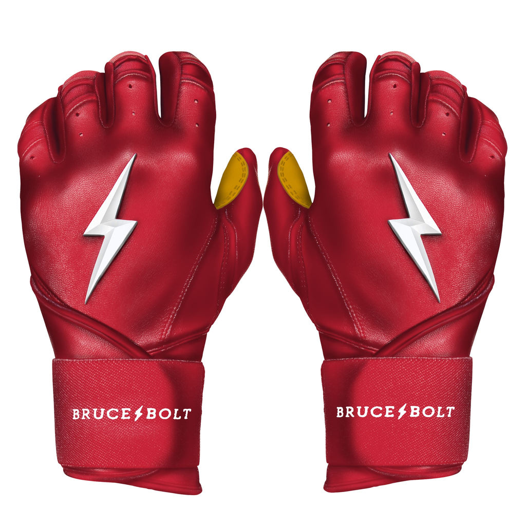 Best Baseball Batting Gloves. BRUCE BOLT Premium Pro RED Batting Gloves with GOLD PALM used by MLB players like Stephen Brault, Harrison Bader, Lewis Brinson, Andy Young, Brandon Nimmo, Brian O’Grady, Alan Trejo, Nick Heath, Trey Hillman and Tanner Carson Raised_In_Baseball.  They are Cabretta leather batting gloves. Batting gloves with the BOLT on them. These are the batting gloves that were featured in the My Hustle video on YouTube about Bear Mayer and BRUCE BOLT.