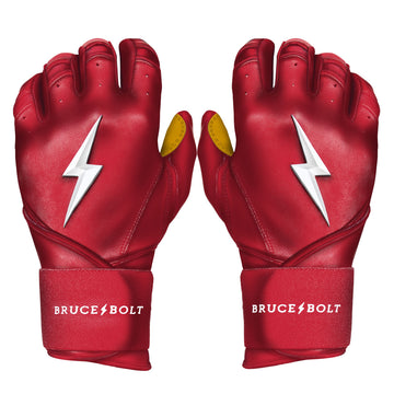 Best Baseball Batting Gloves. BRUCE BOLT Premium Pro RED Batting Gloves with GOLD PALM used by MLB players like Stephen Brault, Harrison Bader, Lewis Brinson, Andy Young, Brandon Nimmo, Brian O’Grady, Alan Trejo, Nick Heath, Trey Hillman and Tanner Carson Raised_In_Baseball.  They are Cabretta leather batting gloves. Batting gloves with the BOLT on them. These are the batting gloves that were featured in the My Hustle video on YouTube about Bear Mayer and BRUCE BOLT.