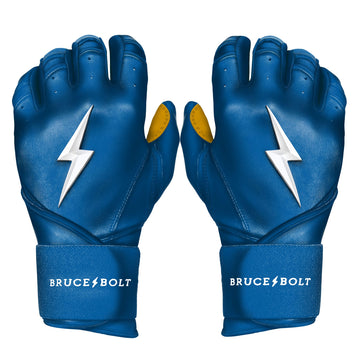 Best Baseball Batting Gloves. BRUCE BOLT Premium Pro ROYAL Batting Gloves with GOLD PALM used by MLB players like Stephen Brault, Harrison Bader, Lewis Brinson, Andy Young, Brandon Nimmo, Brian O’Grady, Alan Trejo, Nick Heath, Trey Hillman and Tanner Carson Raised_In_Baseball.  They are Cabretta leather batting gloves. Batting gloves with the BOLT on them. These are the batting gloves that were featured in the My Hustle video on YouTube about Bear Mayer and BRUCE BOLT.