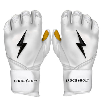 Best Baseball Batting Gloves. BRUCE BOLT Premium Pro WHITE Batting Gloves with GOLD PALM used by MLB players like Stephen Brault, Harrison Bader, Lewis Brinson, Andy Young, Brandon Nimmo, Brian O’Grady, Alan Trejo, Nick Heath, Trey Hillman and Tanner Carson Raised_In_Baseball.  They are Cabretta leather batting gloves. Batting gloves with the BOLT on them. These are the batting gloves that were featured in the My Hustle video on YouTube about Bear Mayer and BRUCE BOLT.