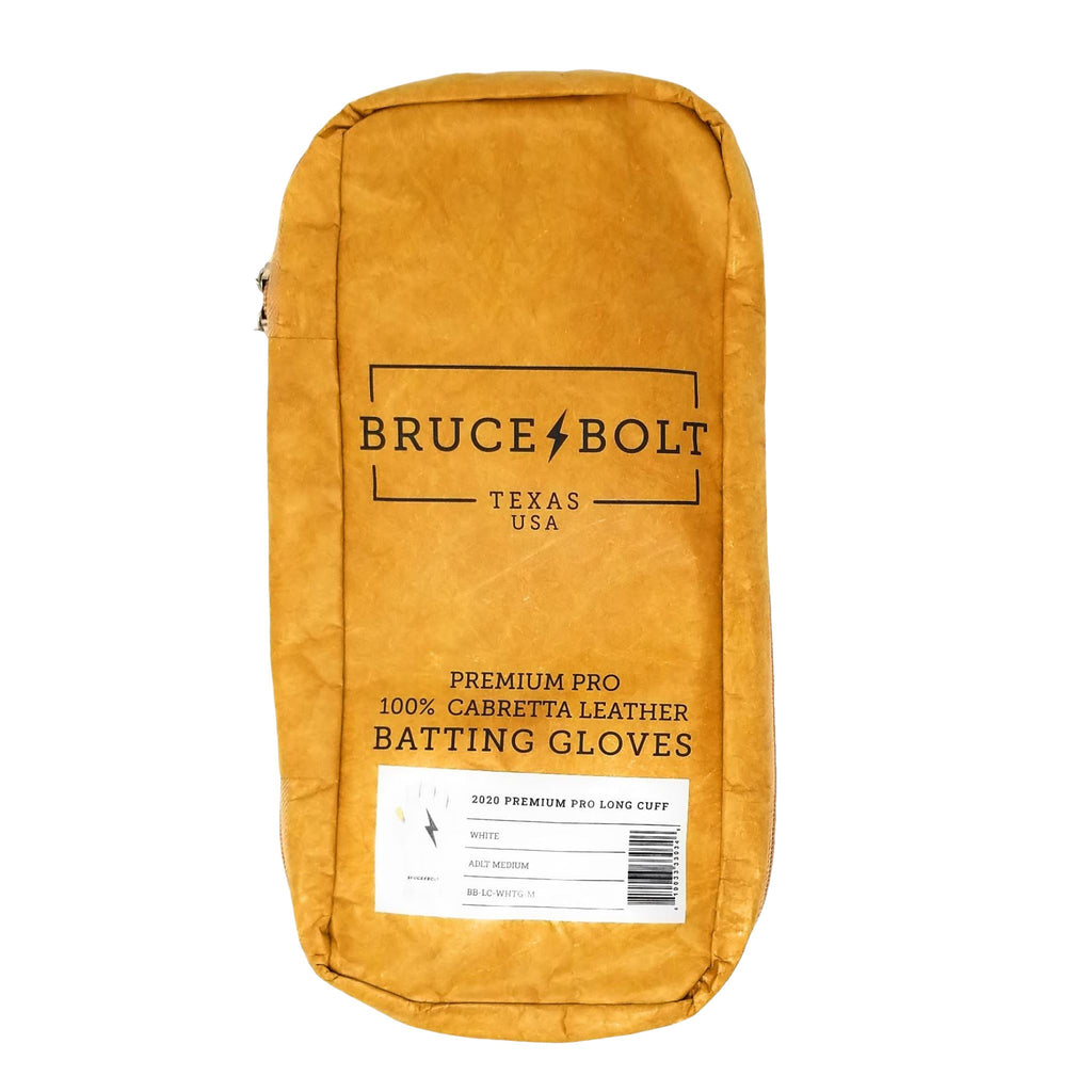 BRUCE BOLT 2021 PREMIUM PRO GLOVE BAG for White Premium Pro BGs. This is a batting glove bag made specifically for carrying BRUCE BOLT batting gloves.  The glove is kraft or tan color with black text and a black lightning bolt.  This bag has BRUCE BOLT Stickers and a Helmet Sticker inside. 