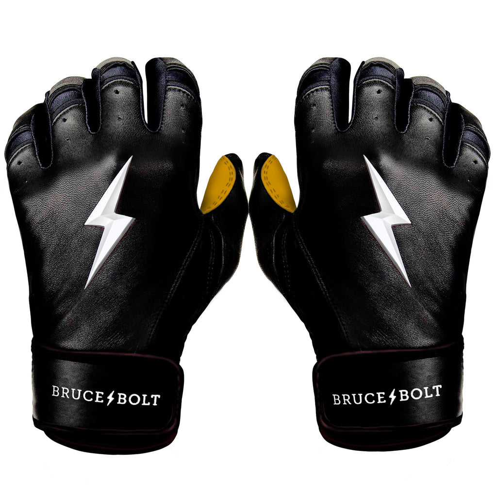 Best Baseball Batting Gloves. BRUCE BOLT Premium Pro BLACK Batting Gloves with GOLD PALM used by MLB players like Stephen Brault, Harrison Bader, Lewis Brinson, Andy Young, Brandon Nimmo, Brian O’Grady, Alan Trejo, Nick Heath, Trey Hillman and Tanner Carson Raised_In_Baseball. They are Cabretta leather batting gloves. Batting gloves with the BOLT on them. These are the batting gloves that were featured in the My Hustle video on YouTube about Bear Mayer and BRUCE BOLT.