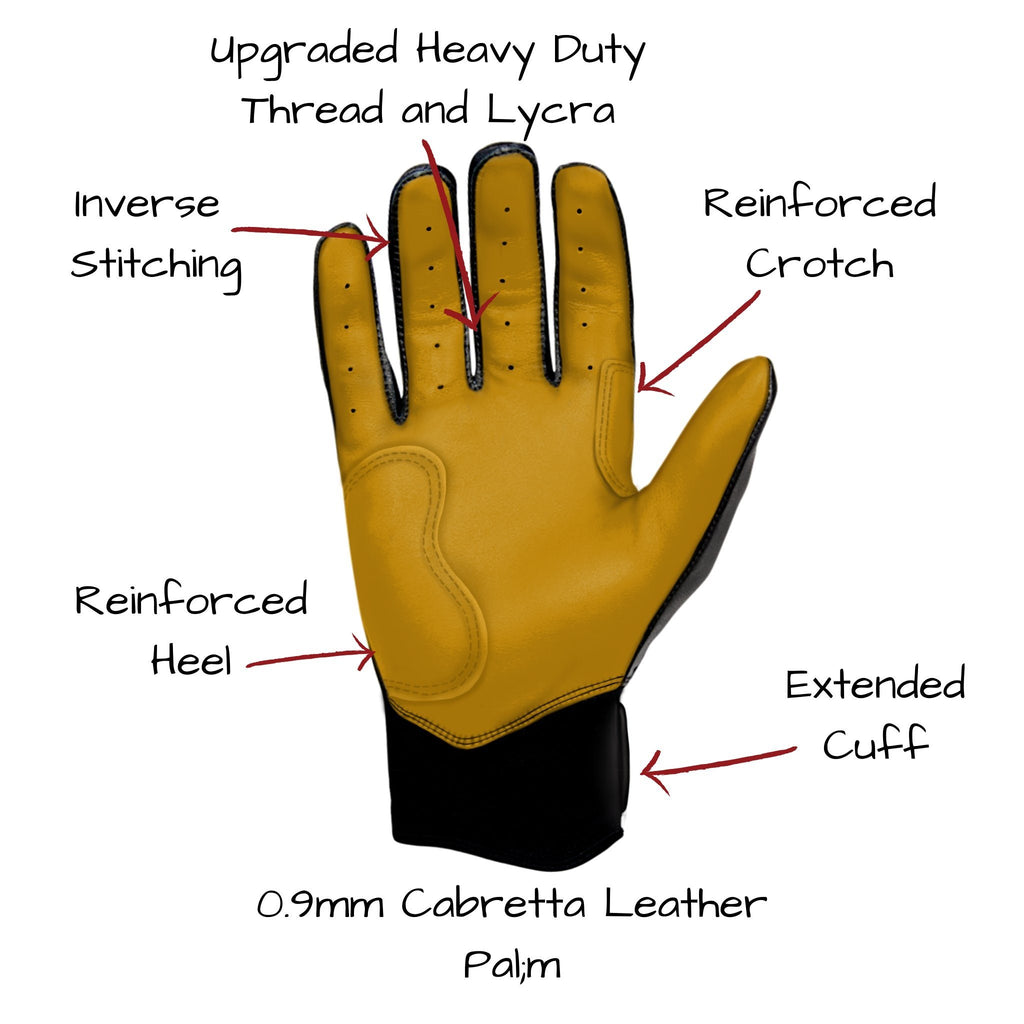 This image shows the short cuff black BRUCE BOLT 2021 upgrades to the palm of the glove UPGRADED DOUBLE REINFORCED PALM, UPGRADED LYCRA between the fingers and knuckles, UPGRADED THREAD,INVERSE STITCHING ON FINGERS, RAISED AND STITCHED BOLT LOGO