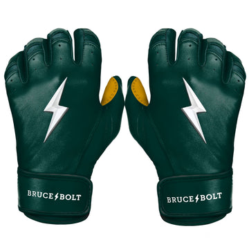 Best Baseball Batting Gloves. BRUCE BOLT Premium Pro GREEN Batting Gloves with GOLD PALM used by MLB players like Stephen Brault, Harrison Bader, Lewis Brinson, Andy Young, Brandon Nimmo, Brian O’Grady, Alan Trejo, Nick Heath, Trey Hillman and Tanner Carson Raised_In_Baseball.  They are Cabretta leather batting gloves. Batting gloves with the BOLT on them. These are the batting gloves that were featured in the My Hustle video on YouTube about Bear Mayer and BRUCE BOLT.