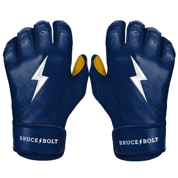 BRUCE BOLT 2020 Premium Pro NAVY Batting Gloves used by MLB players like Terrance Gore, Pablo Lopez, Trevor Richards, Stephen Brault and promoted by Trey Hillman.  These are the best batting gloves in baseball. They are Cabretta leather batting gloves. The batting gloves with the BOLT on them. These are the batting gloves that were featuNAVY in the My Hustle video on YouTube about Bear Mayer and BRUCE BOLT.