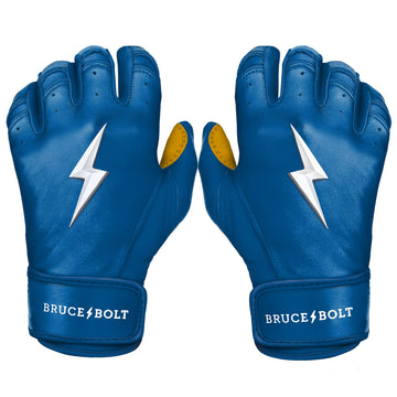 Best Baseball Batting Gloves. BRUCE BOLT Premium Pro ROYAL Batting Gloves with GOLD PALM used by MLB players like Stephen Brault, Harrison Bader, Lewis Brinson, Andy Young, Brandon Nimmo, Brian O’Grady, Alan Trejo, Nick Heath, Trey Hillman and Tanner Carson Raised_In_Baseball.  They are Cabretta leather batting gloves. Batting gloves with the BOLT on them. These are the batting gloves that were featured in the My Hustle video on YouTube about Bear Mayer and BRUCE BOLT.