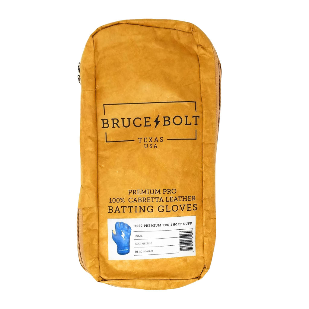 BRUCE BOLT Royal Short Cuff 2021 PREMIUM PRO GLOVE BAG. This is a batting glove bag made specifically for carrying BRUCE BOLT batting gloves.  The glove is kraft or tan color with black text and a black lightning bolt.  This bag has BRUCE BOLT Stickers and a Helmet Sticker inside. 