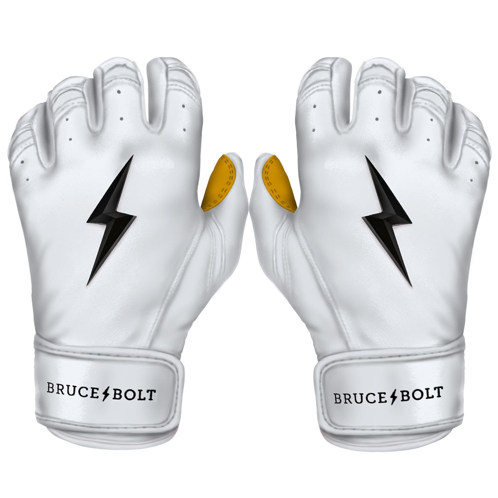 Best Baseball Batting Gloves. BRUCE BOLT Premium Pro WHITE Batting Gloves with GOLD PALM used by MLB players like Stephen Brault, Harrison Bader, Lewis Brinson, Andy Young, Brandon Nimmo, Brian O’Grady, Alan Trejo, Nick Heath, Trey Hillman and Tanner Carson Raised_In_Baseball. They are Cabretta leather batting gloves. Batting gloves with the BOLT on them. These are the batting gloves that were featured in the My Hustle video on YouTube about Bear Mayer and BRUCE BOLT.