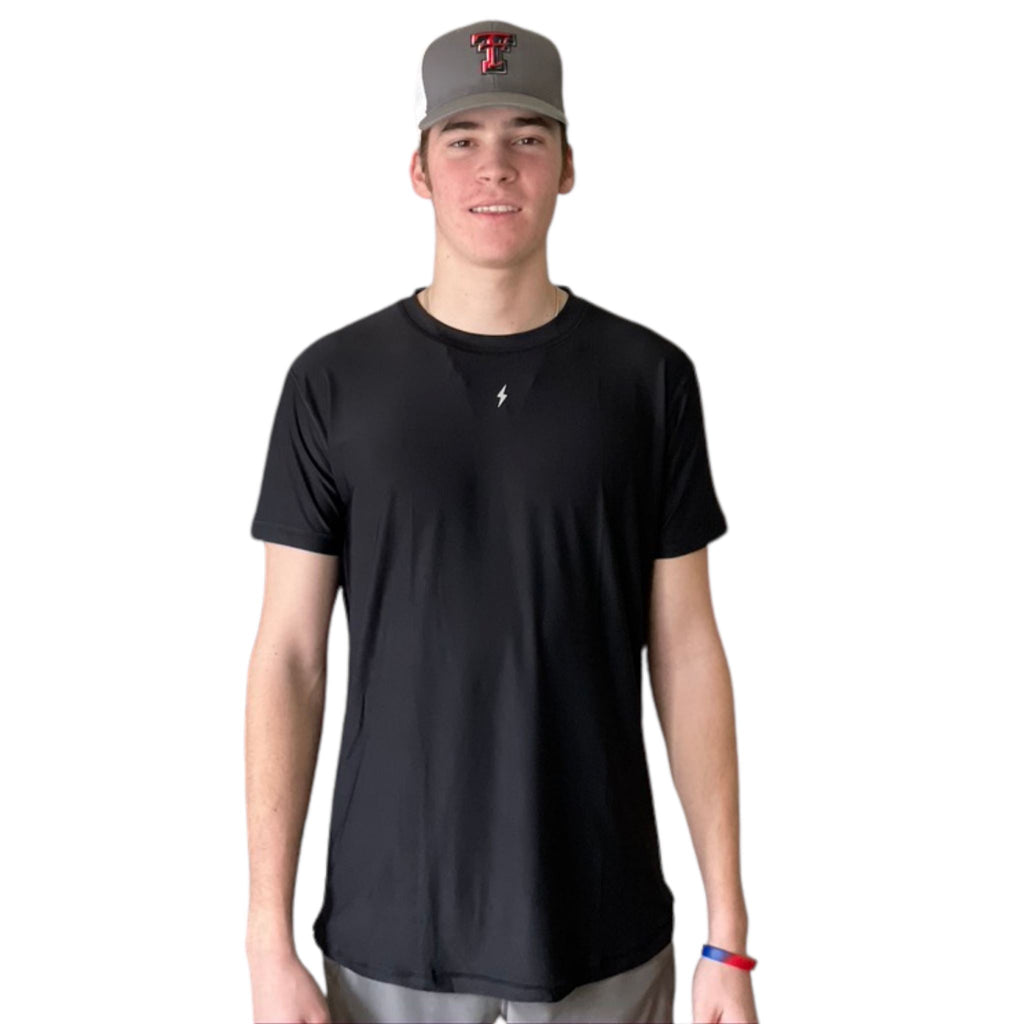 BRUCE BOLT 4-way stretch, moisture wicking performance t-shirt with scalloped sides and reflective BOLT logo. The Best performance t-shirt for baseball, working out and baseball training. - black